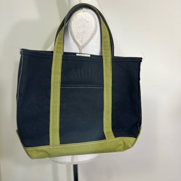 Vintage LL Bean Medium Tote Black with Olive Green Trim Handles  ‘MEH’ Monogram - Picture 6 of 12